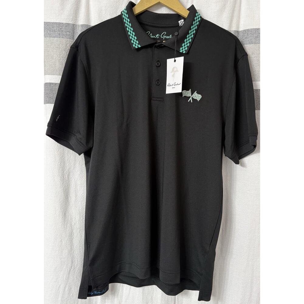 NWT Robert Graham Mens Medium Finish Line Polo Shirt Classic Fit Black Racing